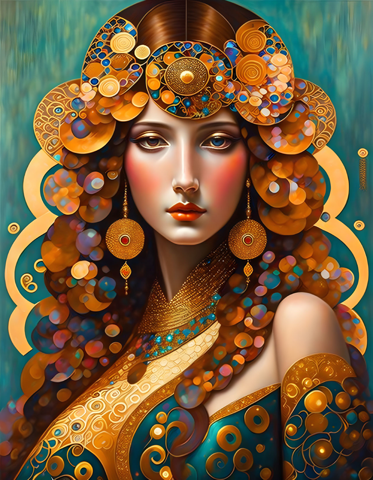 Ornate golden headwear and jewelry on woman against blue backdrop