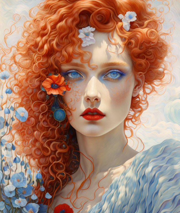 Illustrated woman with red curls and blue eyes among pale blue flowers