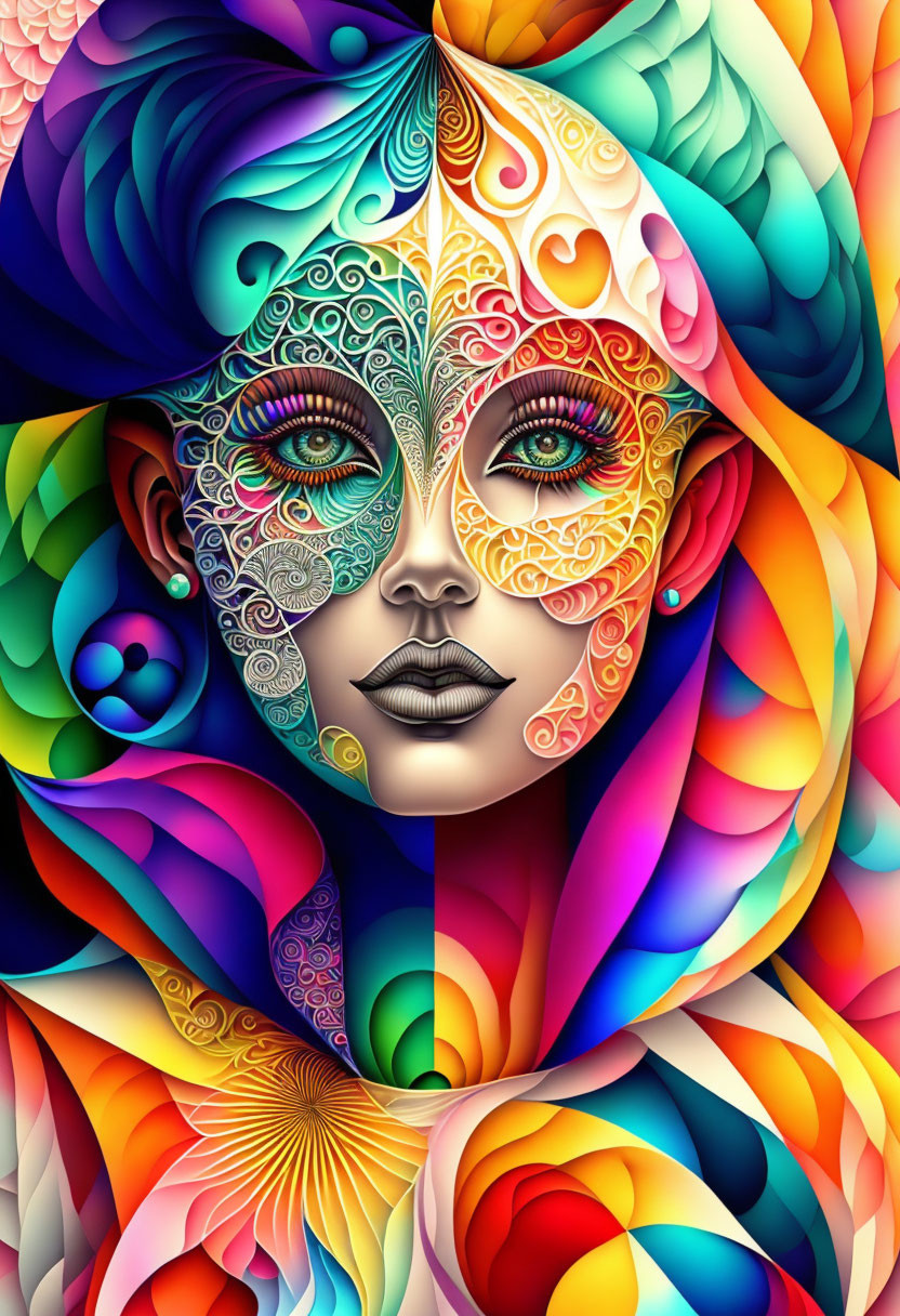 Colorful Female Face Illustration with Floral Background