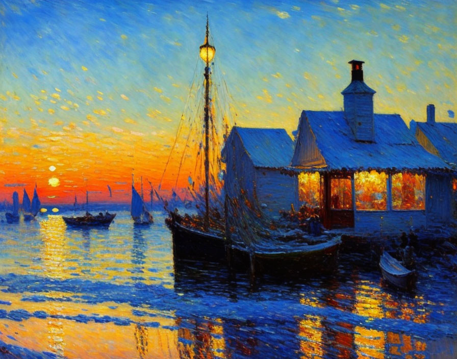 Scenic waterfront painting at sunset with cottage, boat, and silhouetted ships.