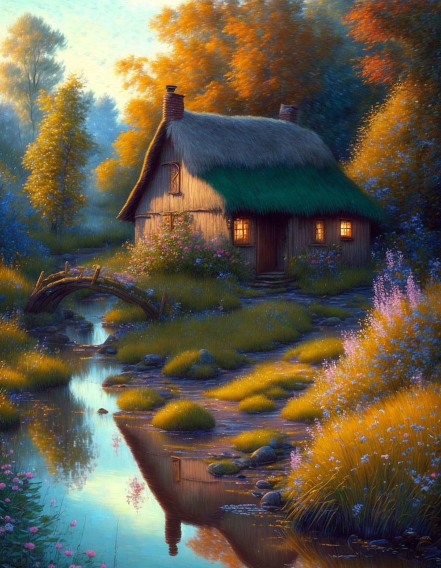 Thatched-Roof Cottage by Stream in Twilight Forest Setting