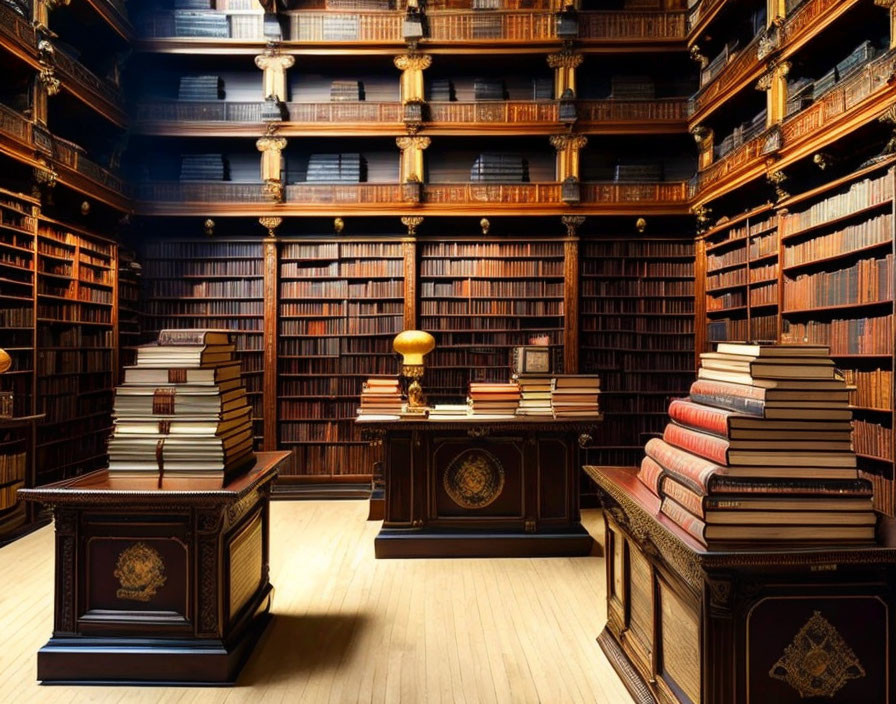 Grand Library with Wooden Bookshelves and Antique Books