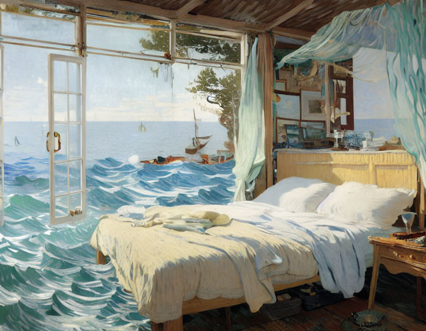 Tranquil bedroom with ocean waves blending in, bed, window, paintings, boat.