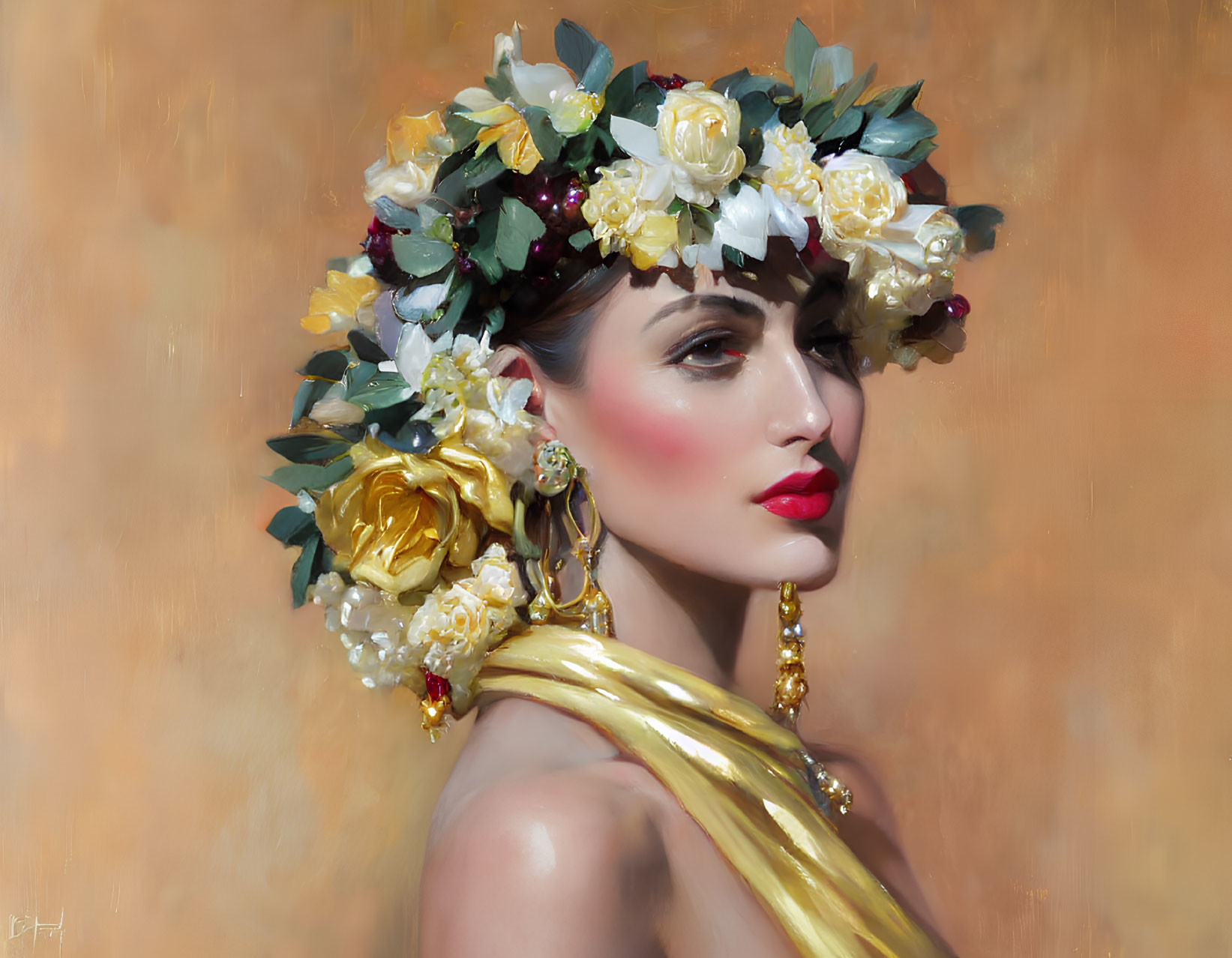 Profile View Woman Painting with White and Yellow Floral Wreath