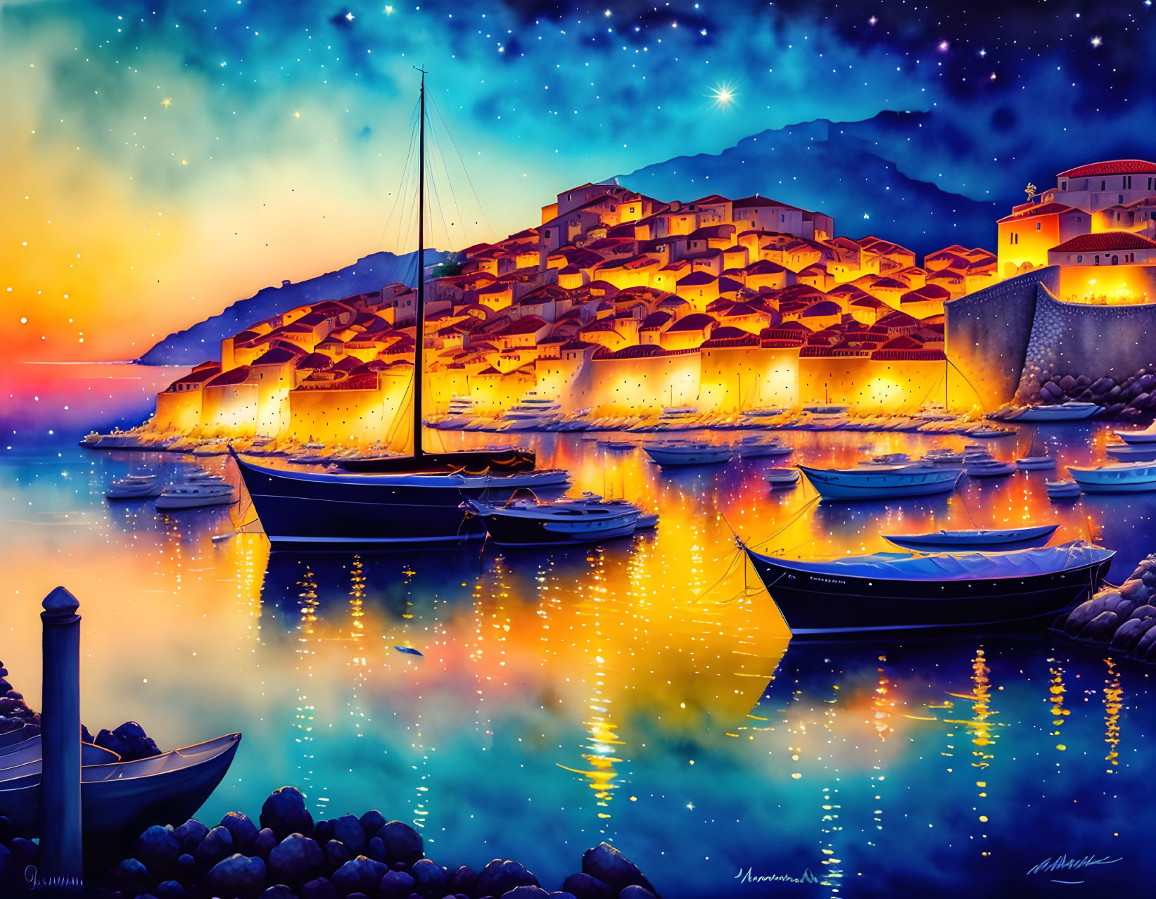 Colorful coastal village painting with boats on calm water at dusk