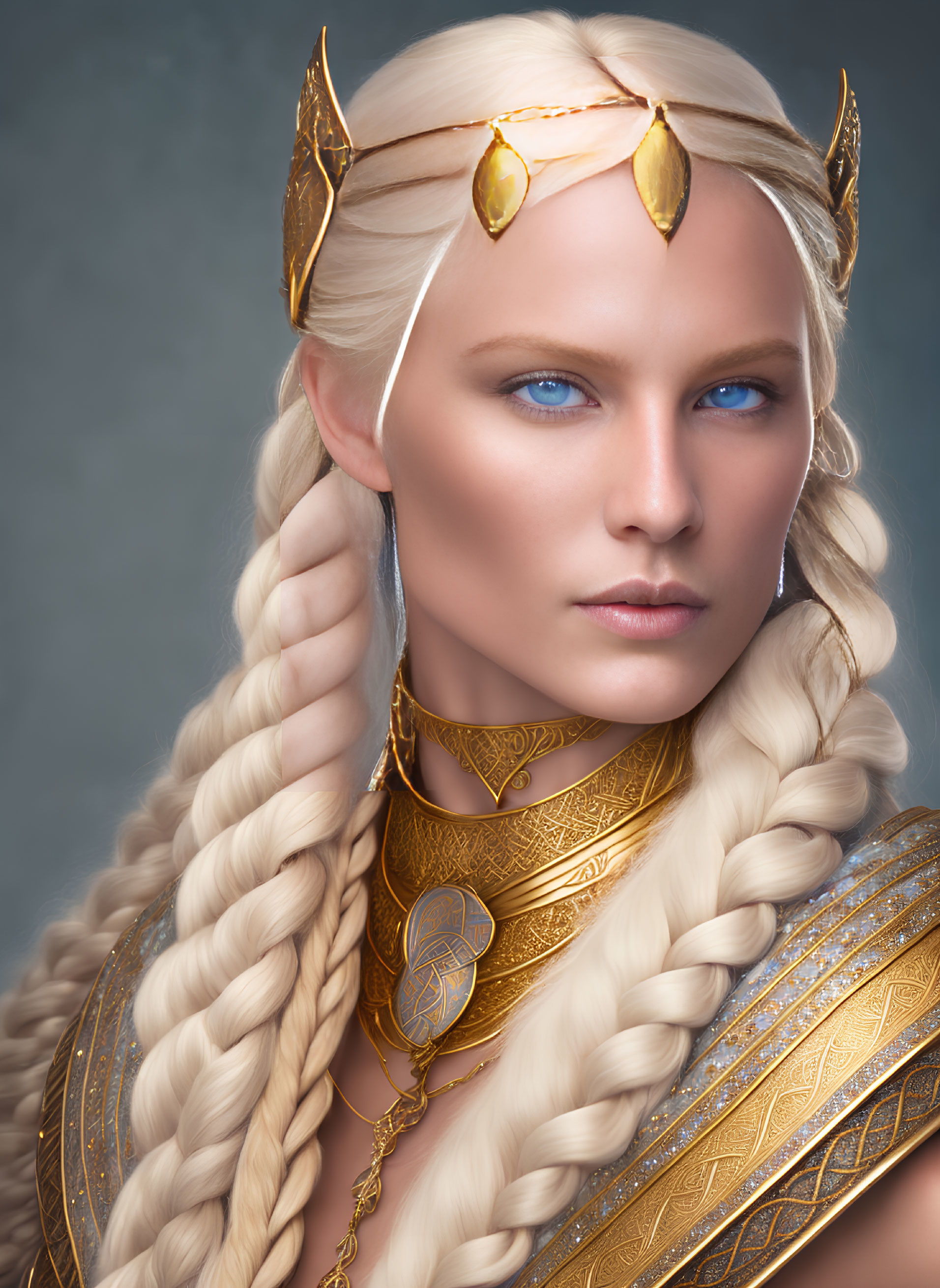 Portrait of a woman with braided blonde hair and gold elven armor.