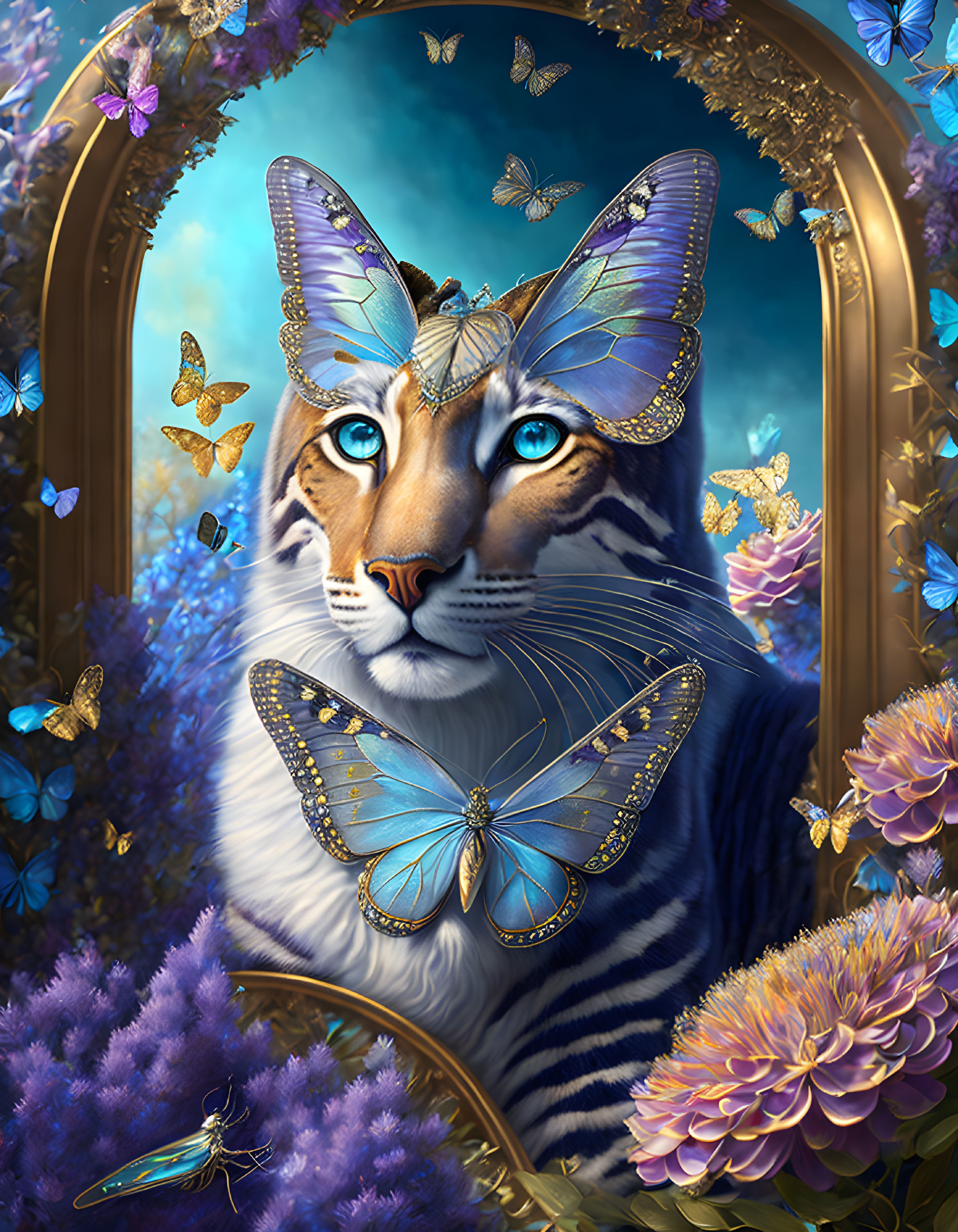 Colorful Tiger with Butterfly Wings and Flowers in Golden Frame