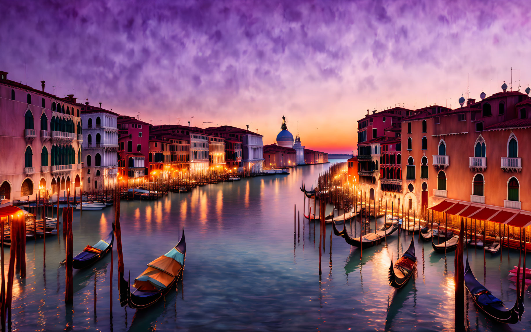 Scenic Sunset over Grand Canal with Gondolas and Historic Buildings