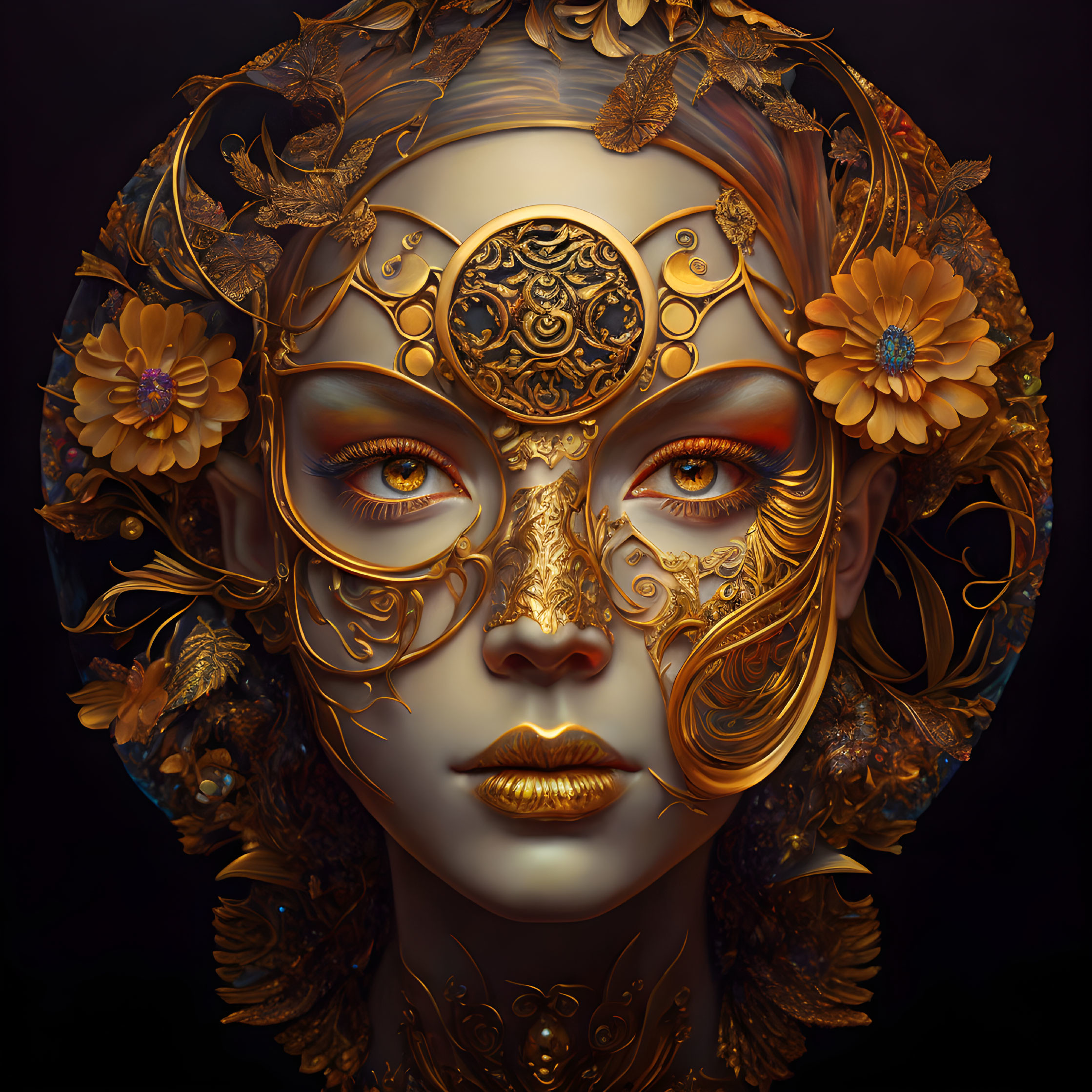 Detailed digital portrait of female face with golden floral decorations.