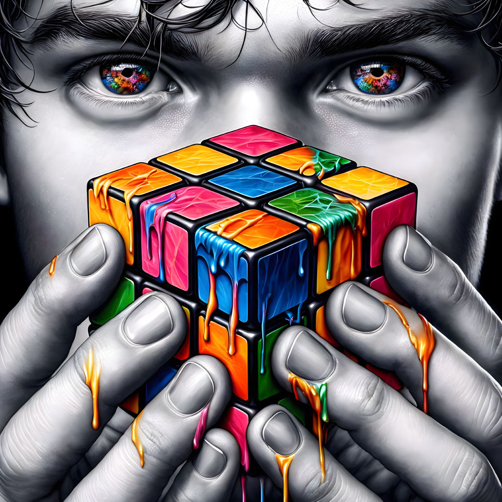 Colorful-eyed person holding melting Rubik's Cube with dripping paint