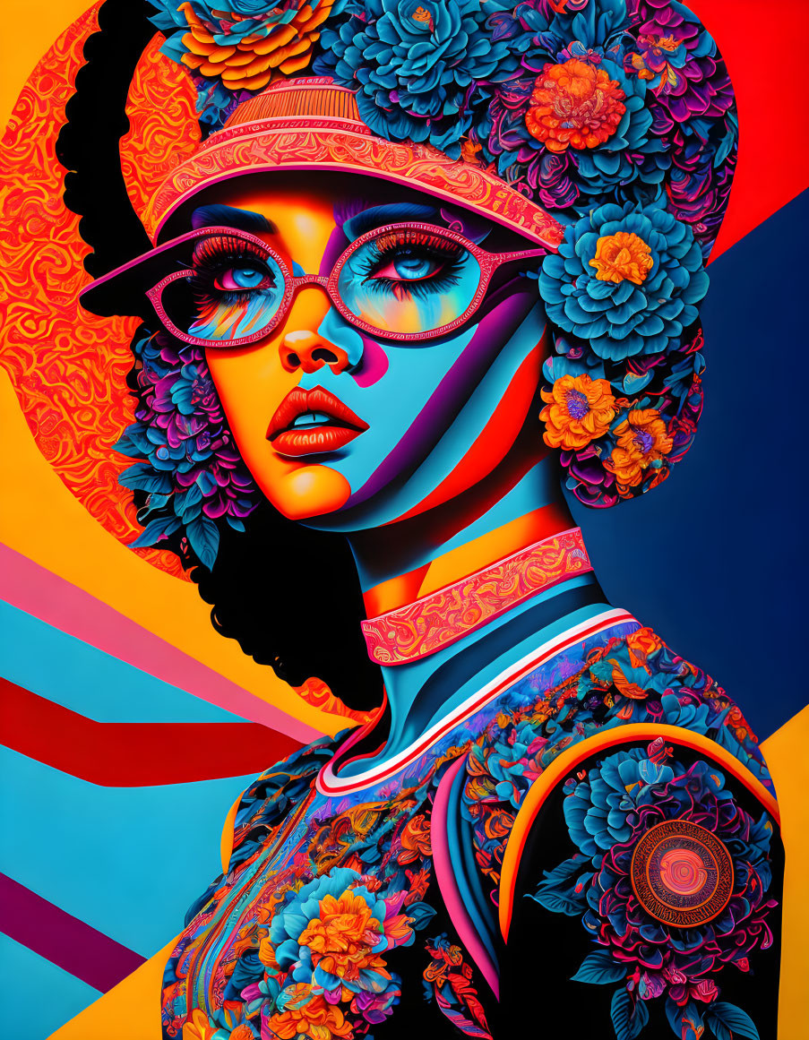 Colorful digital artwork: stylized woman with floral patterns, hat, glasses, and unique makeup