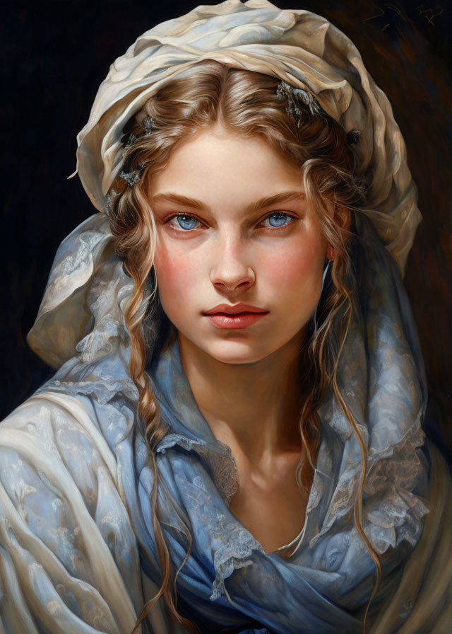 Portrait of young woman with blue eyes, draped headscarf, blue dress, and floral hair adorn