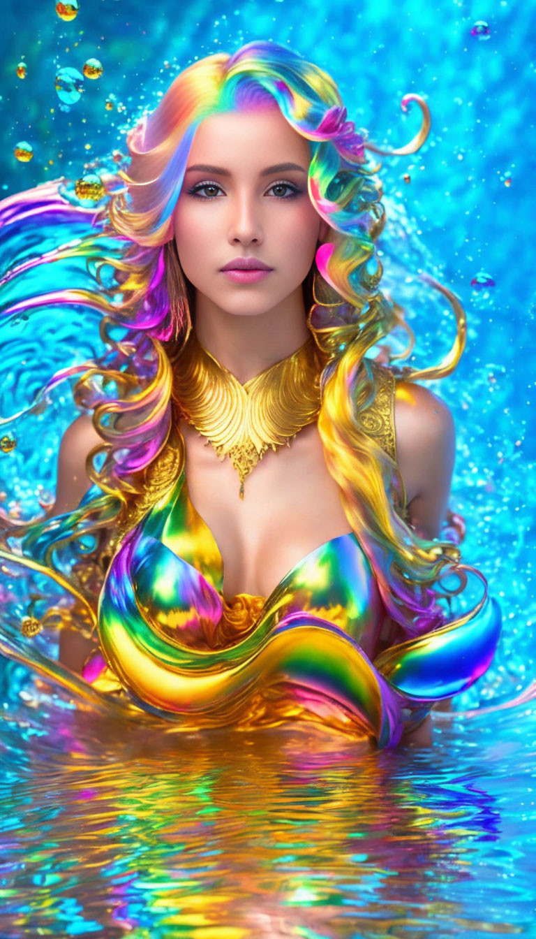 Colorful flowing hair woman submerged in water with bubbles