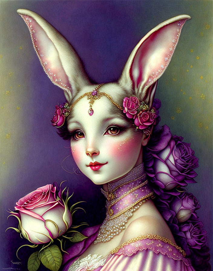 Anthropomorphic rabbit with jewelry and flowers, holding a rose in fantasy art style