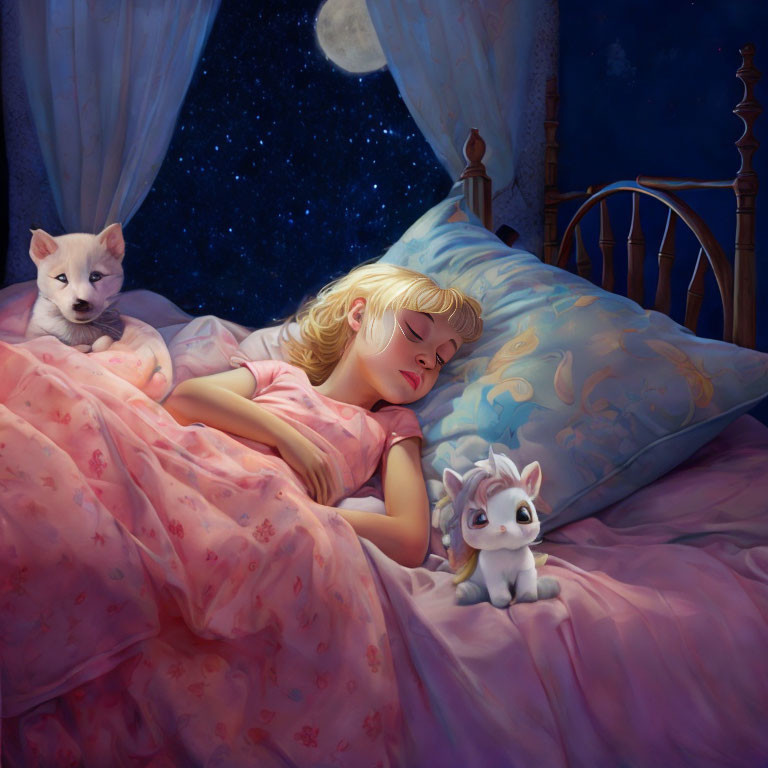 Young girl sleeping with wolf pups under starry night sky