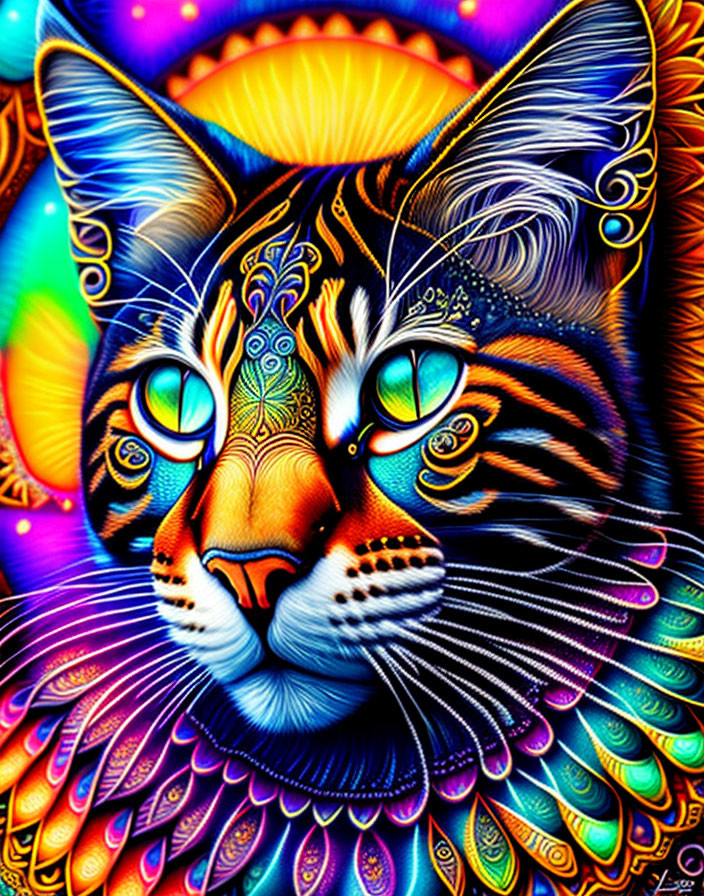 Colorful Psychedelic Cat Illustration with Vibrant Patterns