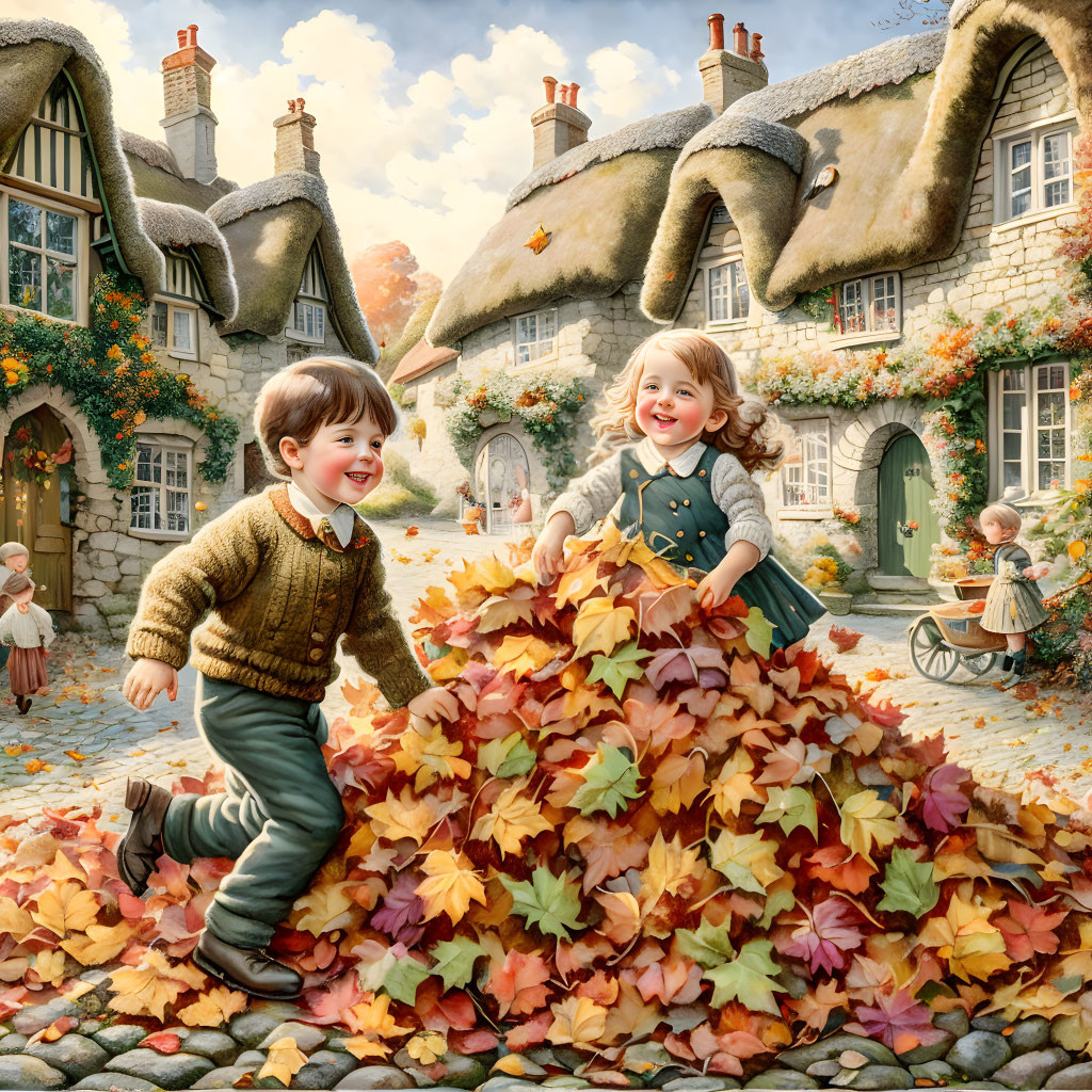 Children playing in large pile of autumn leaves in quaint village setting