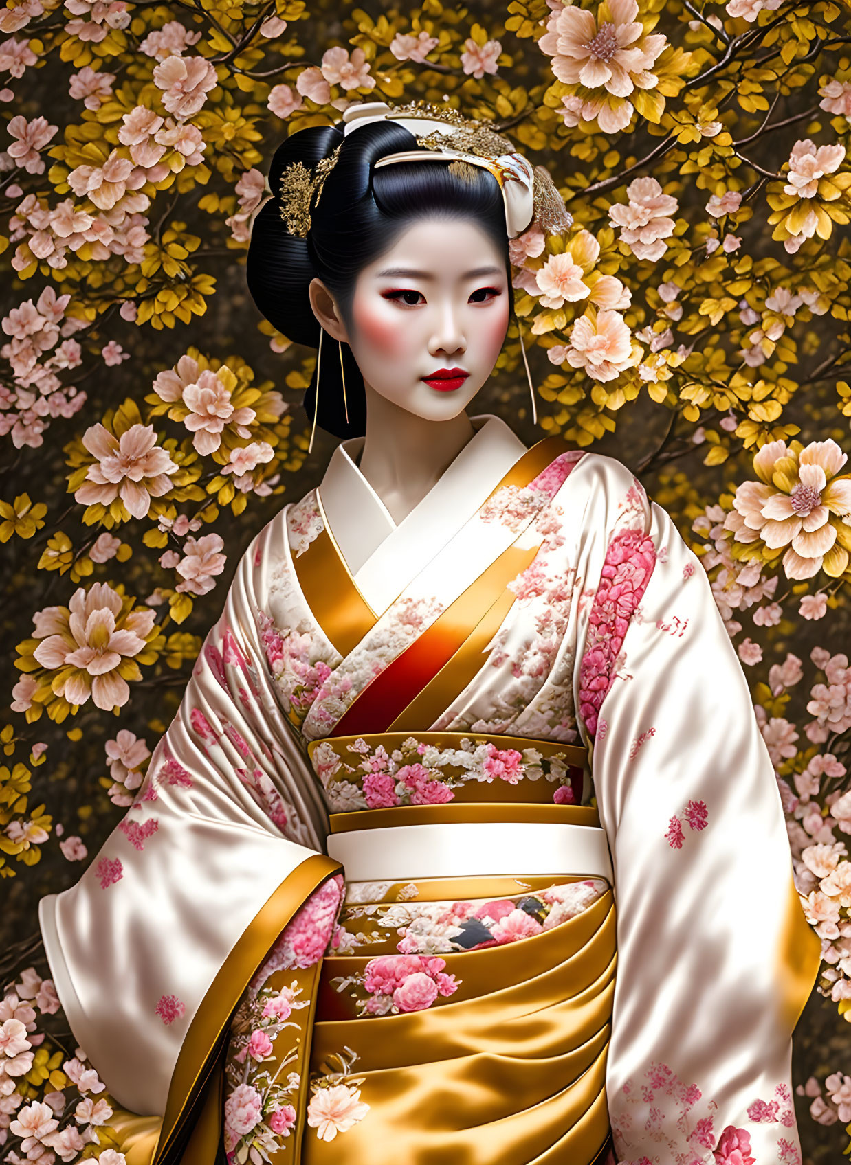 Traditional Japanese Kimono Woman Amid Cherry Blossoms