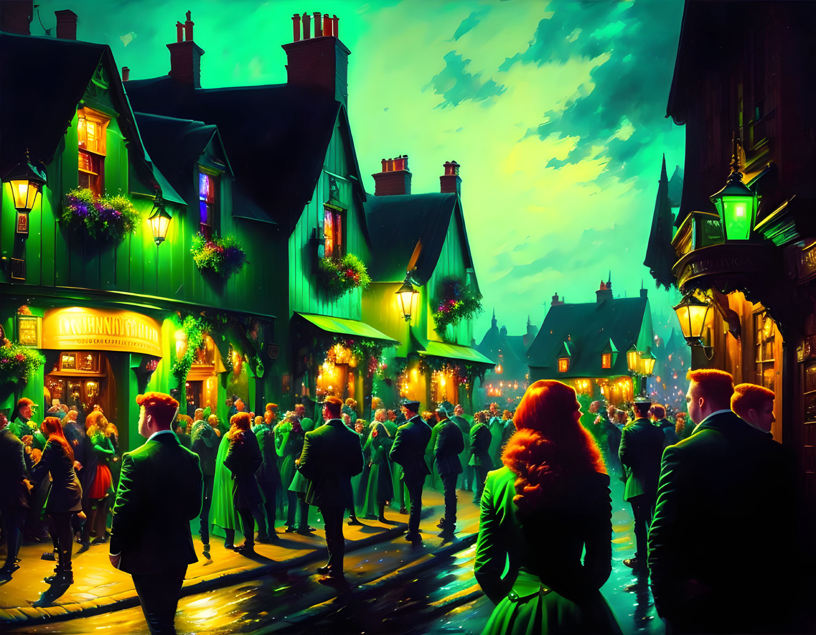 Nighttime street scene with people in green attire under green sky, lit Tudor-style buildings