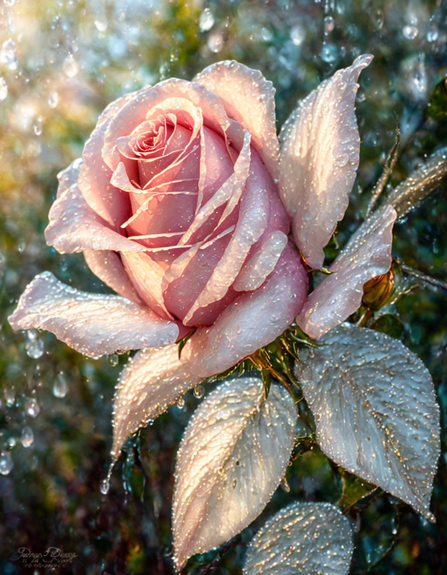 Pink rose with dew drops on petals and leaves against soft bokeh background