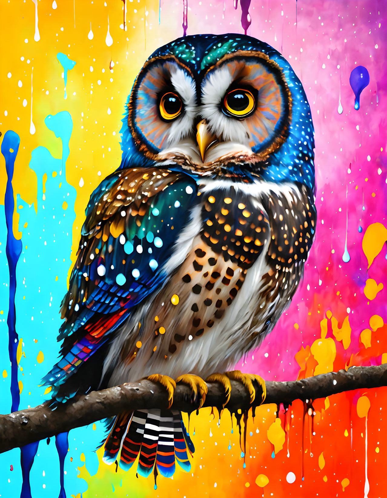 Colorful Owl Perched on Branch Against Dripping Paint Backdrop