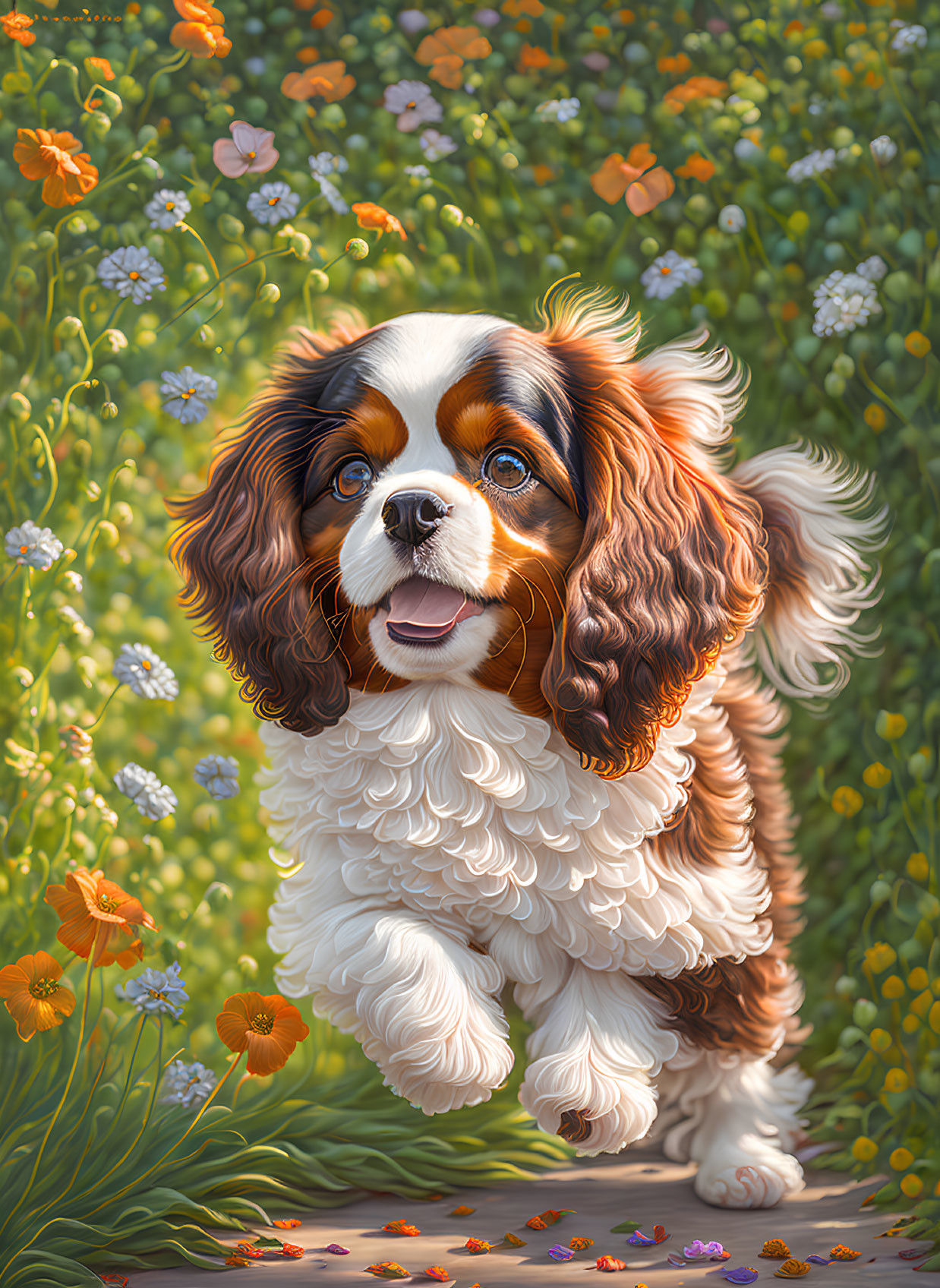 Cavalier King Charles Spaniel in Vibrant Flower Field