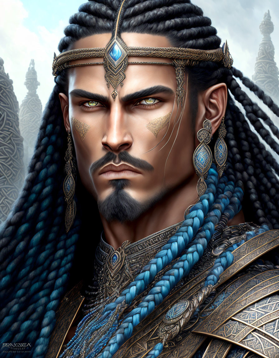 Fantasy-inspired male character with braided hair, gold jewelry, armor, and ornate backdrop