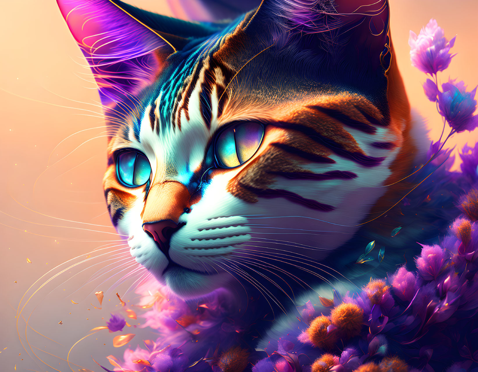 Colorful digital artwork: Cat with blue eyes and intricate fur patterns among purple and pink flowers