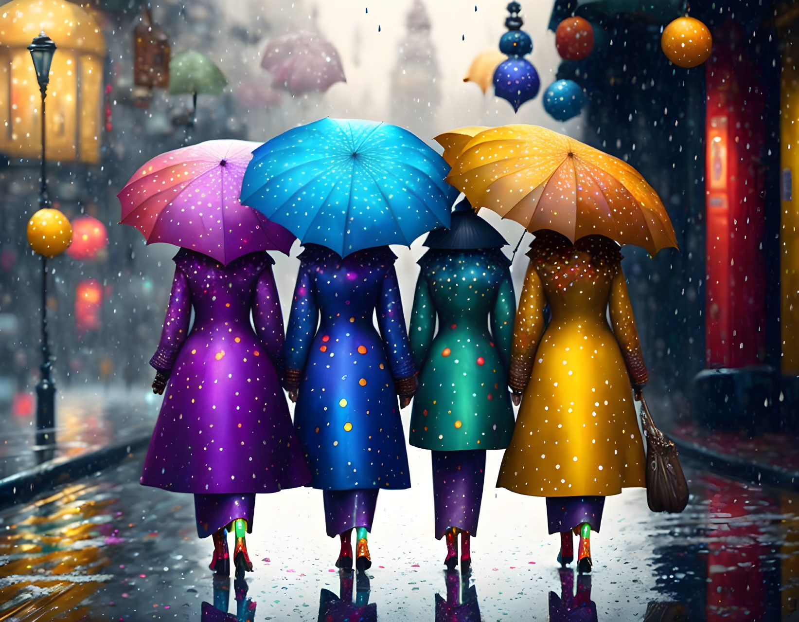 Colorful Umbrellas and Coats on Rainy Street at Twilight