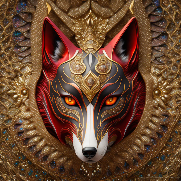 Detailed Fox Head Illustration with Red and White Patterns on Golden Background