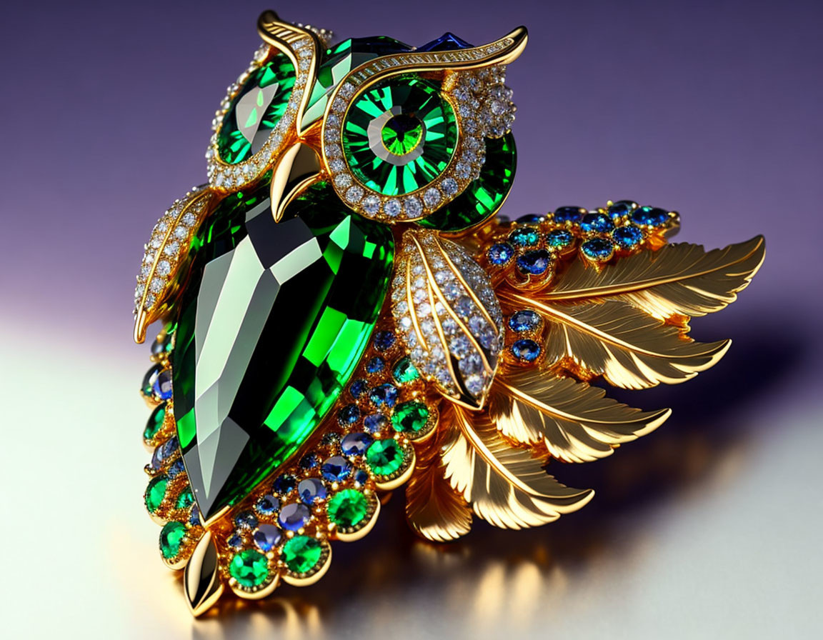 Jeweled owl brooch with green gemstone body, diamond accents, and sapphire feathers on