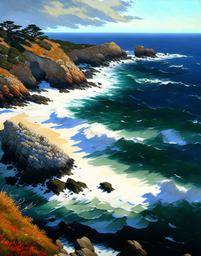 Scenic painting of rugged coastline with cliffs and crashing waves