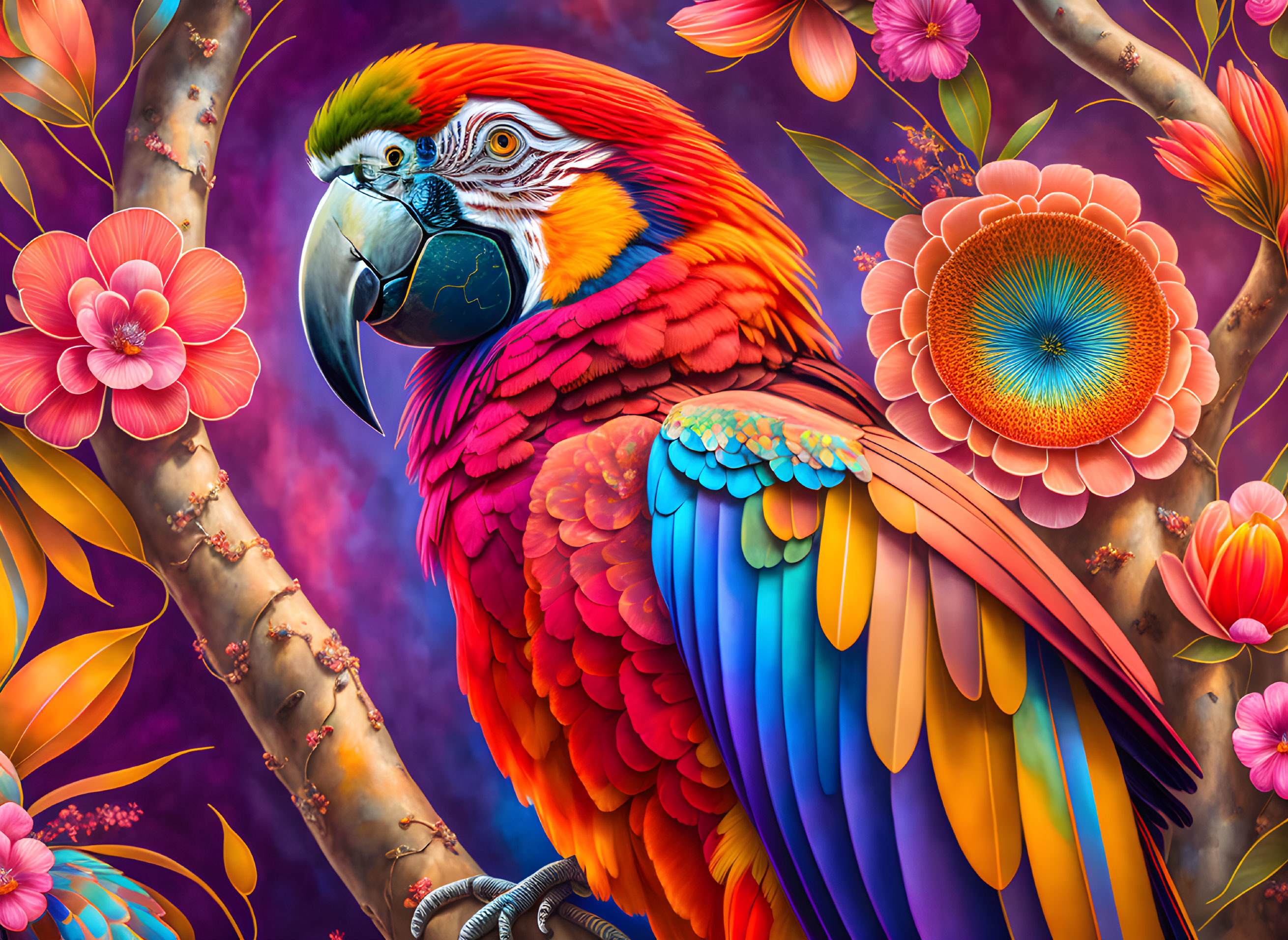 Colorful Macaw Perched on Branch Among Vibrant Flowers and Purple Background