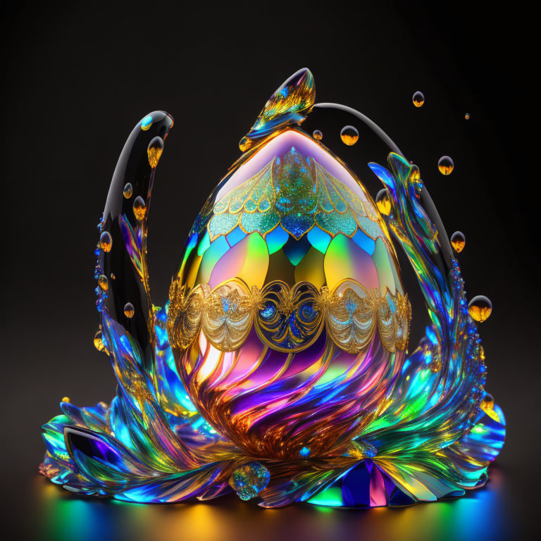 Colorful iridescent sphere with swirling patterns on dark background