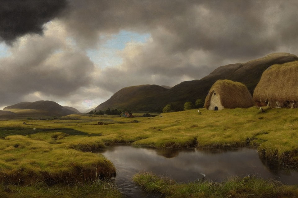 Traditional Thatched-Roof Houses in Serene Landscape