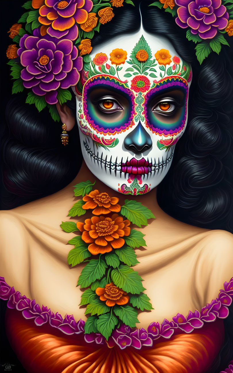 Colorful Day of the Dead portrait with floral patterns and dark hair