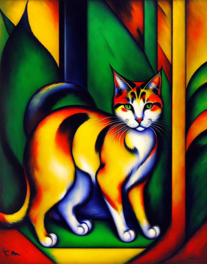 Colorful Cat Painting with Abstract Shapes in Green, Yellow, and Orange