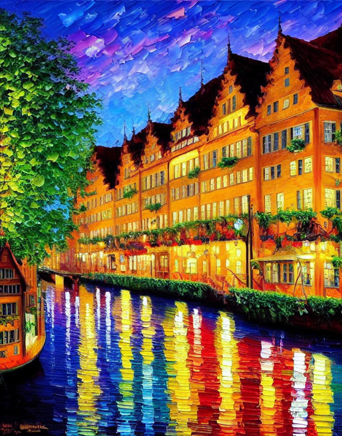 Impressionist-style painting: Brightly lit buildings reflecting in water