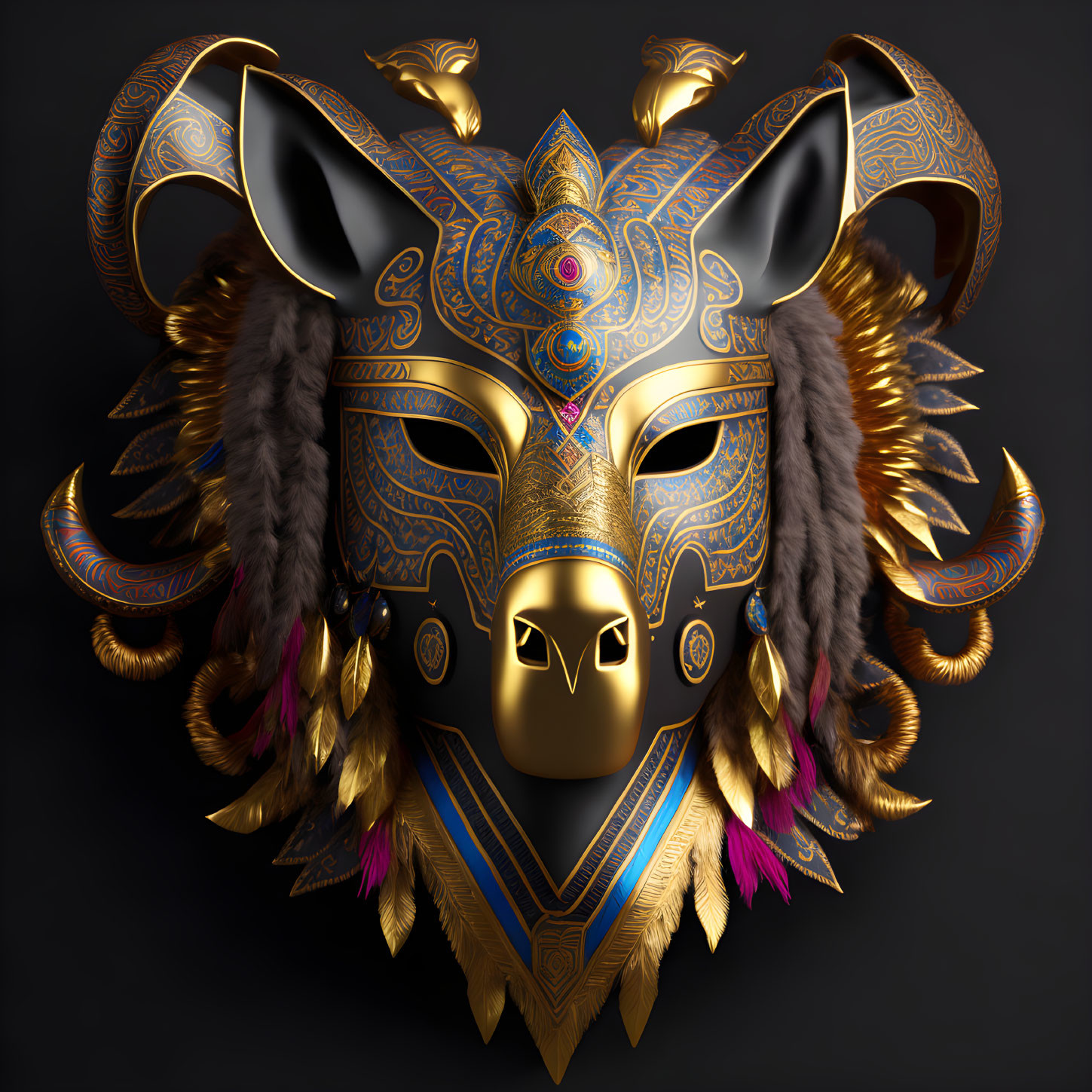 Golden Wolf Mask with Intricate Patterns and Feather Embellishments