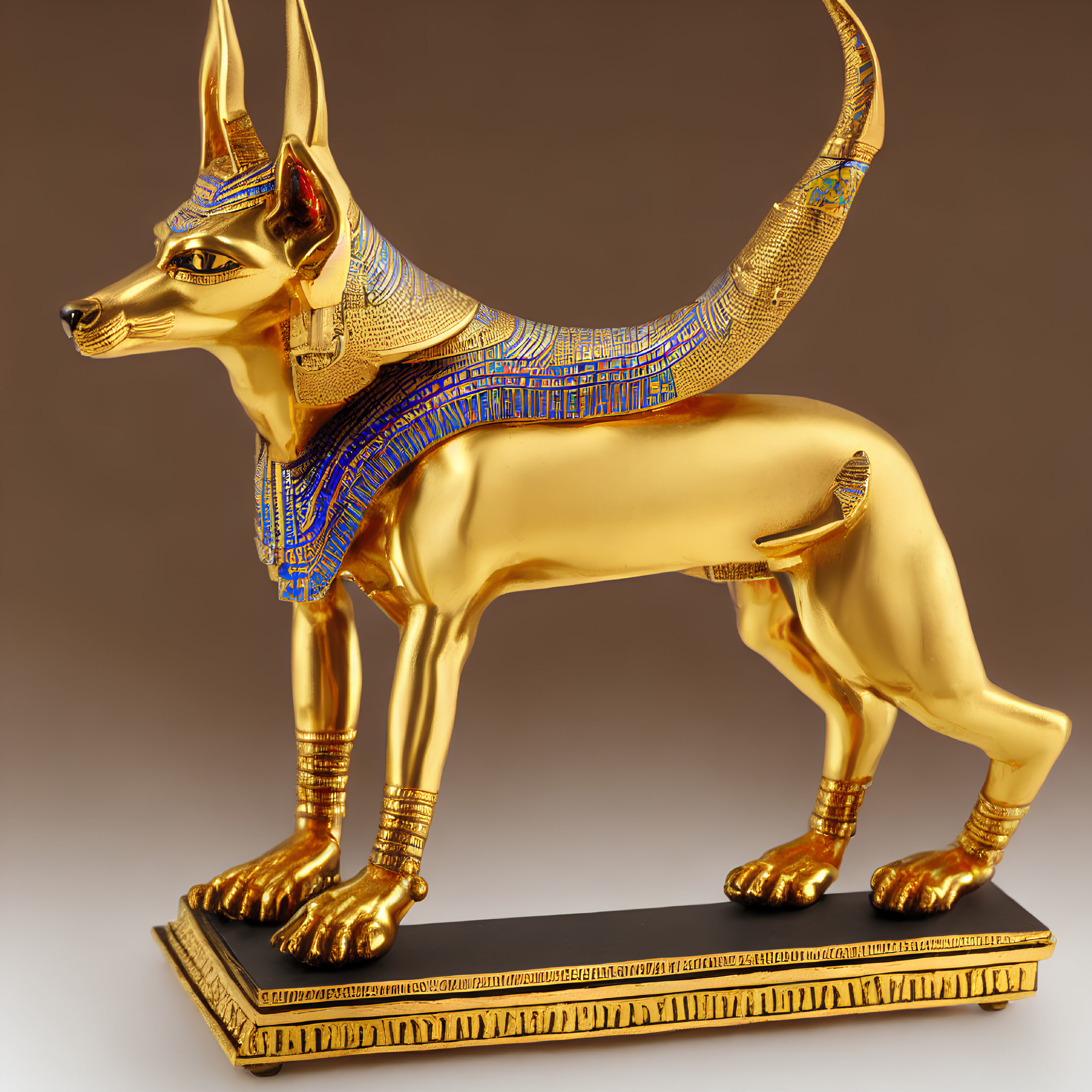 Golden Egyptian Anubis Statue with Blue and Gold Collar Detailing