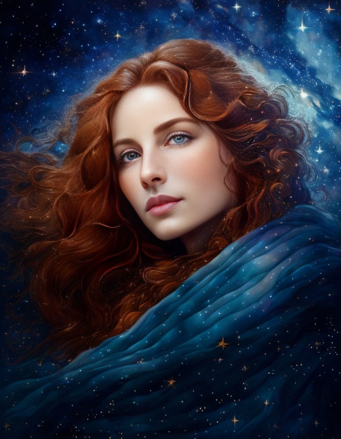 Voluminous red hair woman in starry cloak against cosmic backdrop