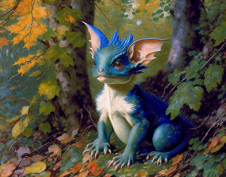 Blue dragon hatchling with large eyes in autumn forest scene