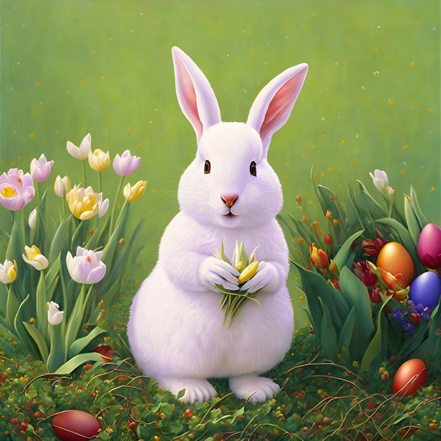 White Rabbit in Grass Field Surrounded by Tulips and Easter Eggs