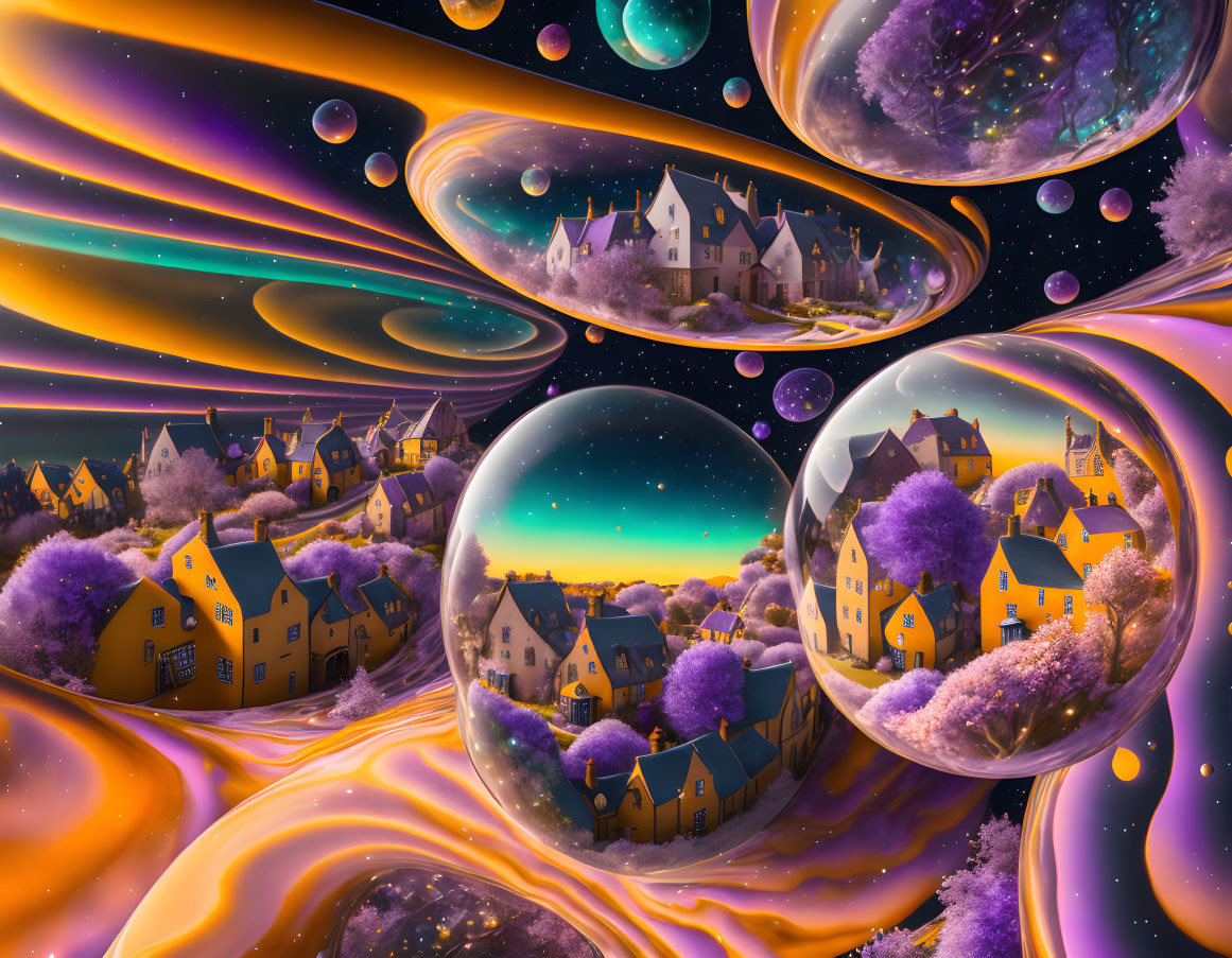 Surreal landscape with floating bubbles and colorful villages in cosmic setting