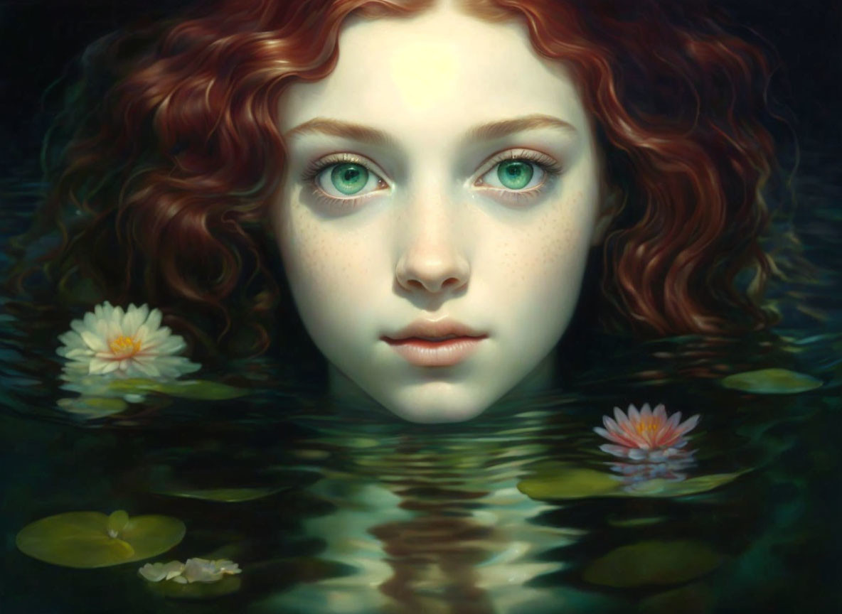 Digital painting: Woman with red curly hair and green eyes in water with white lilies