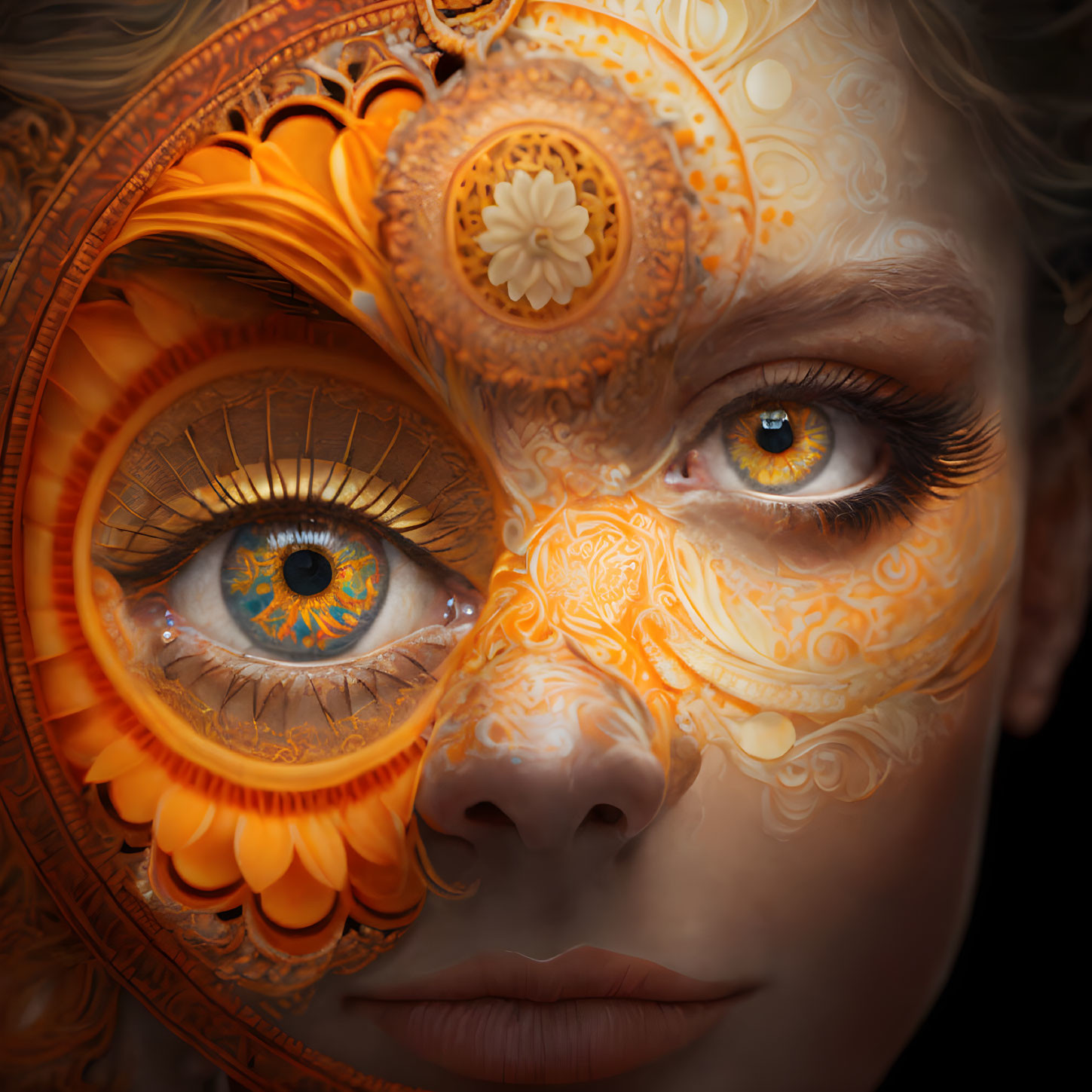 Detailed Close-Up of Person's Face with Orange and White Mechanical Patterns