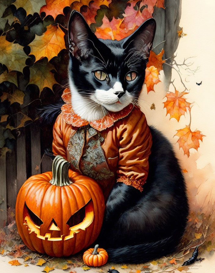 Black and White Cat with Orange Collar and Jacket Next to Carved Pumpkin