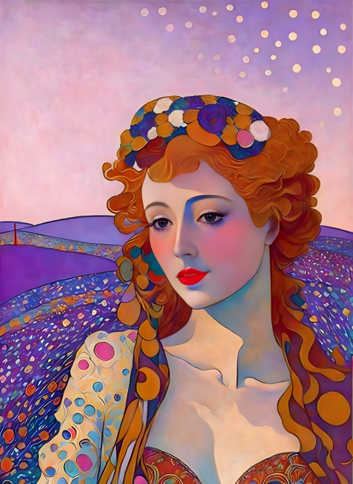 Stylized portrait of woman with red hair and floral adornments on purple background