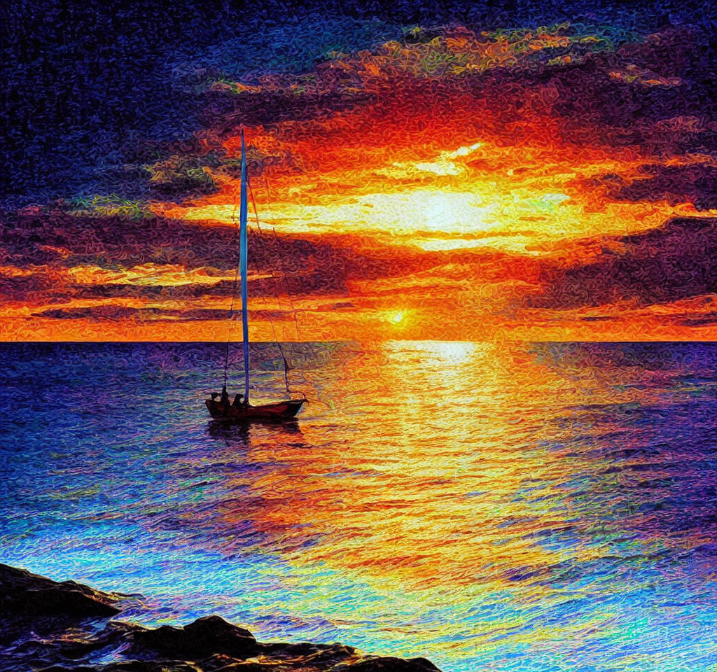 Colorful sailboat painting at sunset on calm sea