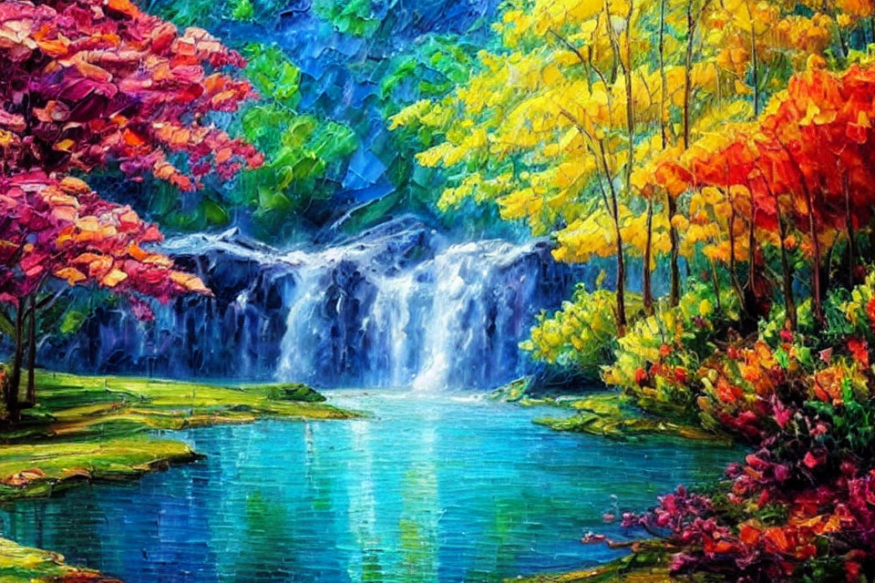 Autumn-themed waterfall painting with colorful trees and serene blue pond